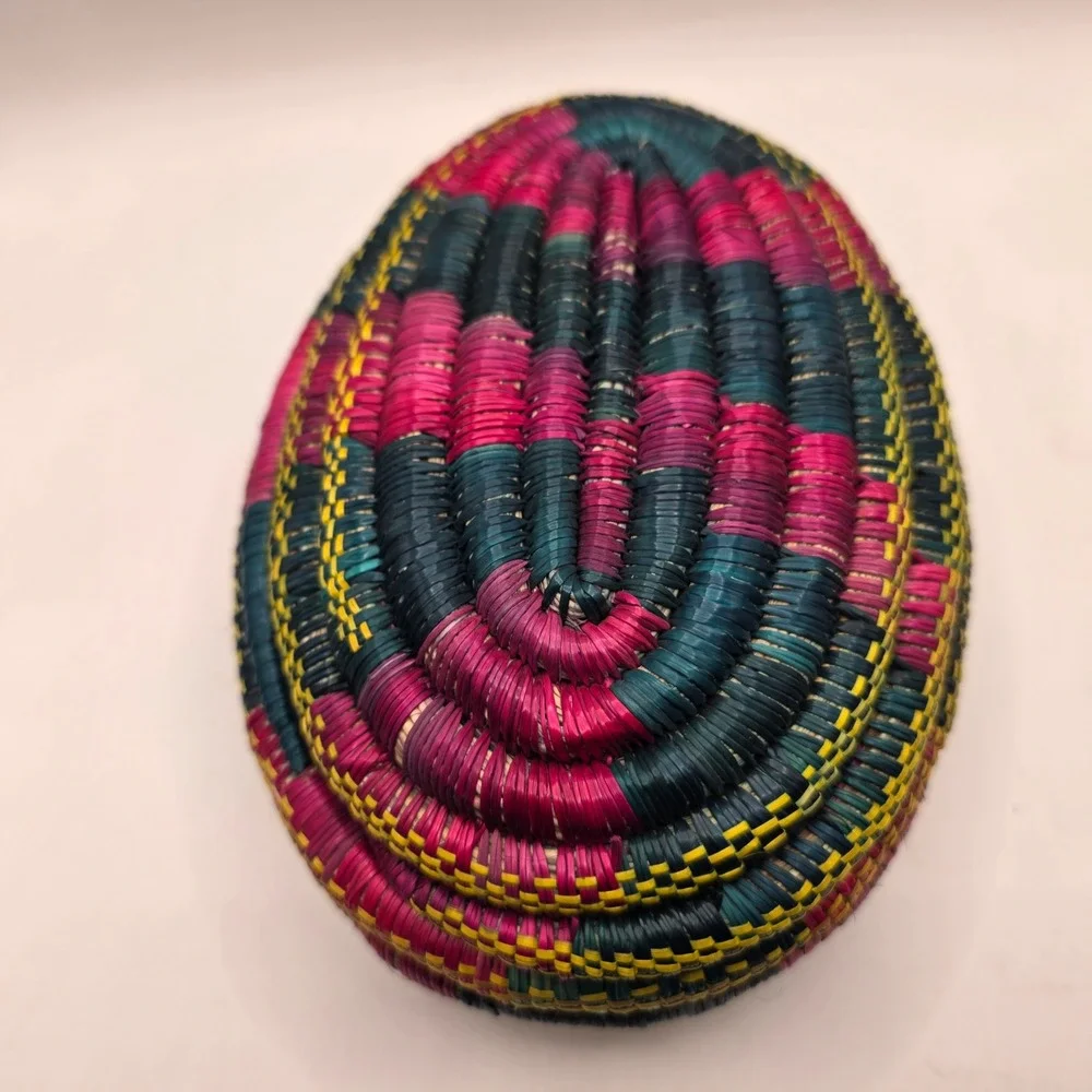 Handwoven Coiled Grass Muday Basket Ethiopian‎ Pink Green Yellow Boho Lidded Box
